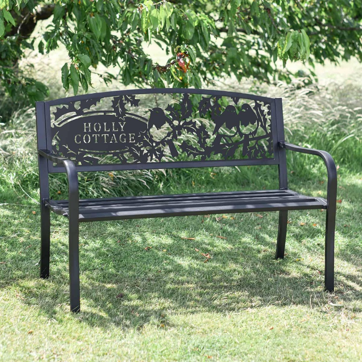 Iron & Steel Park Bench in Black with Personalised Robins Design