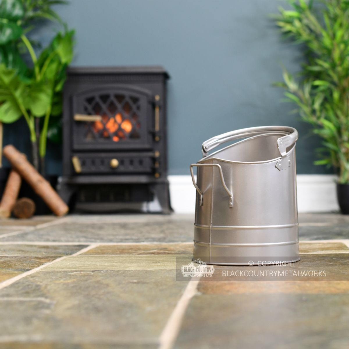 Pewter Finish Traditional Fireside Log and Coal Bucket in Situ by the Fire Place Pewter Finish Traditional Fireside Log and Coal Bucket in Situ by the Fire Place
