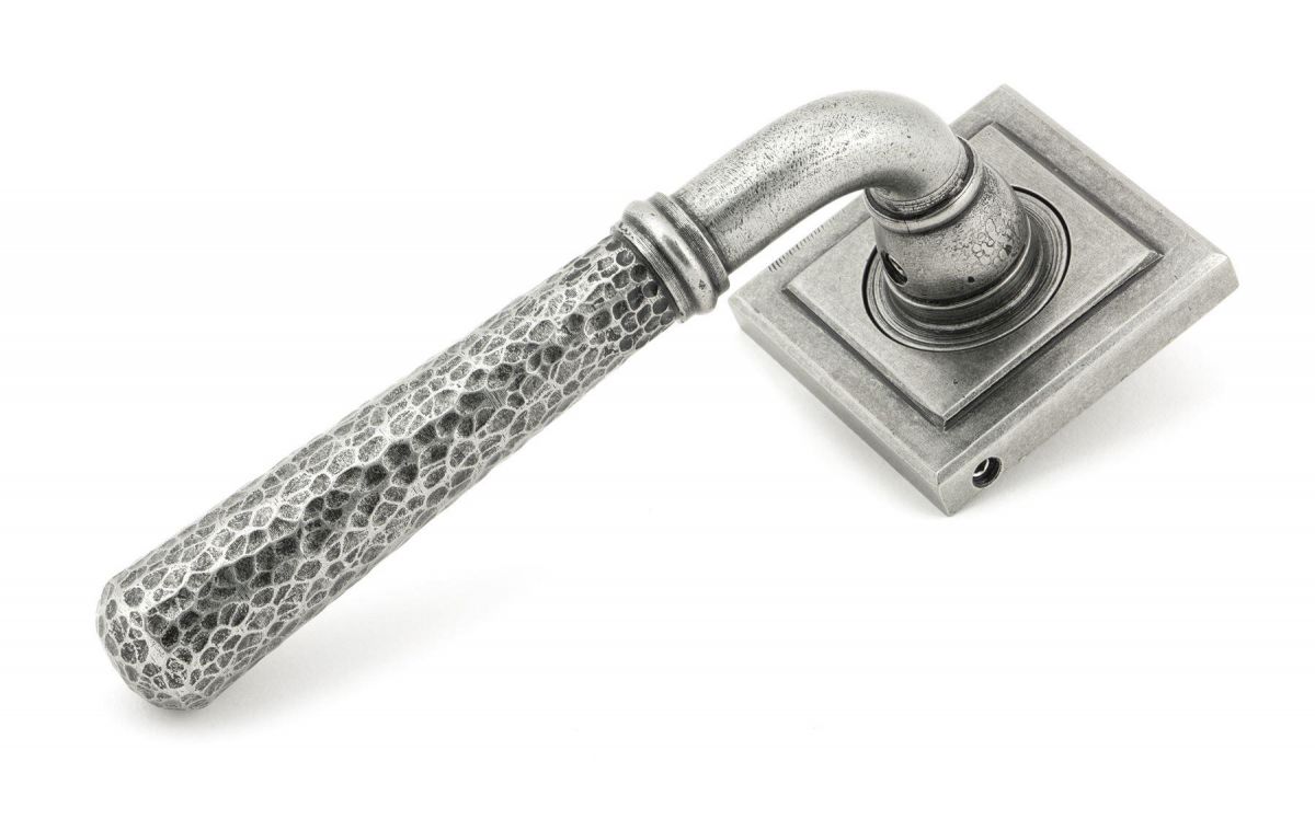 Pewter Hammered Lever Door Handle on Square Rose Handle