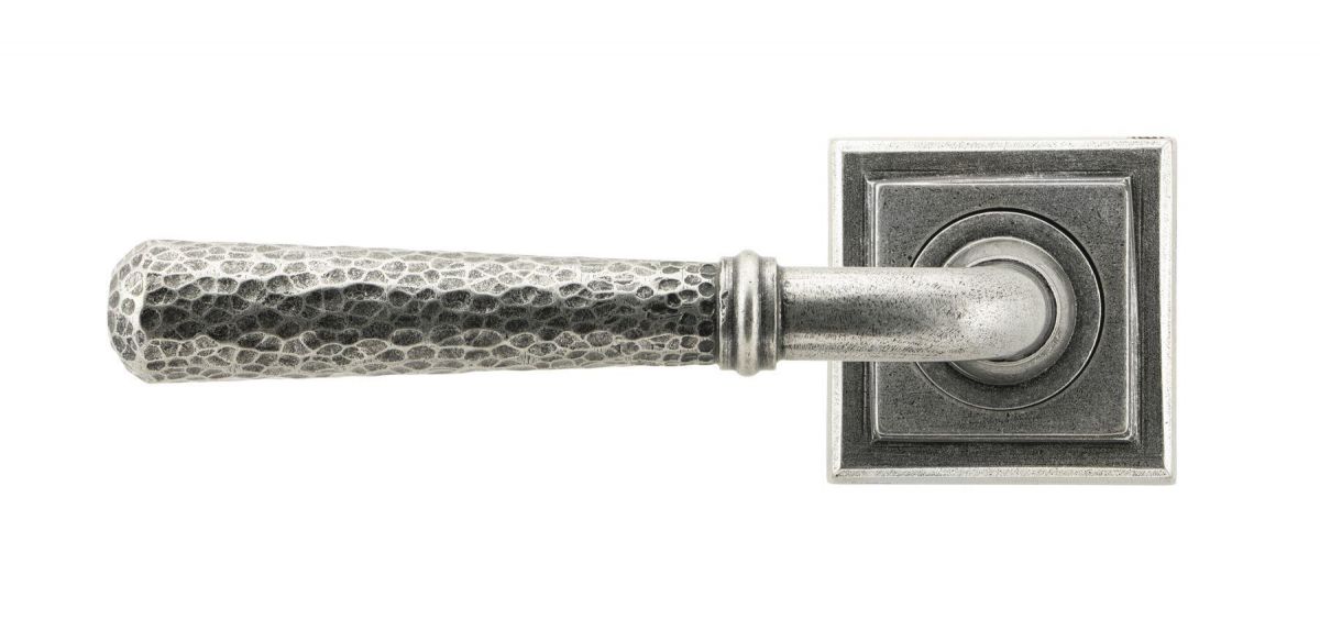 Pewter Hammered Lever Door Handle on Square Rose