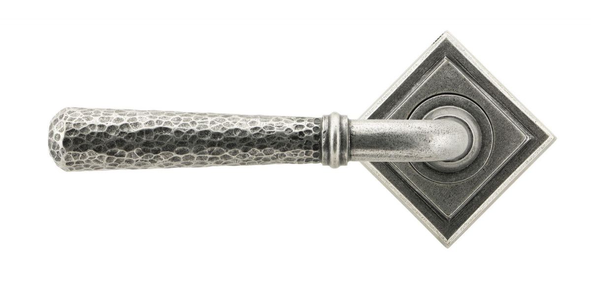 Pewter Hammered Lever Door Handle on Diamond Rose