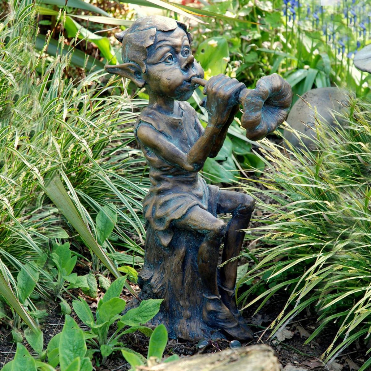 Piping Pixie Garden Sculpture Finished in an Aged Bronze
