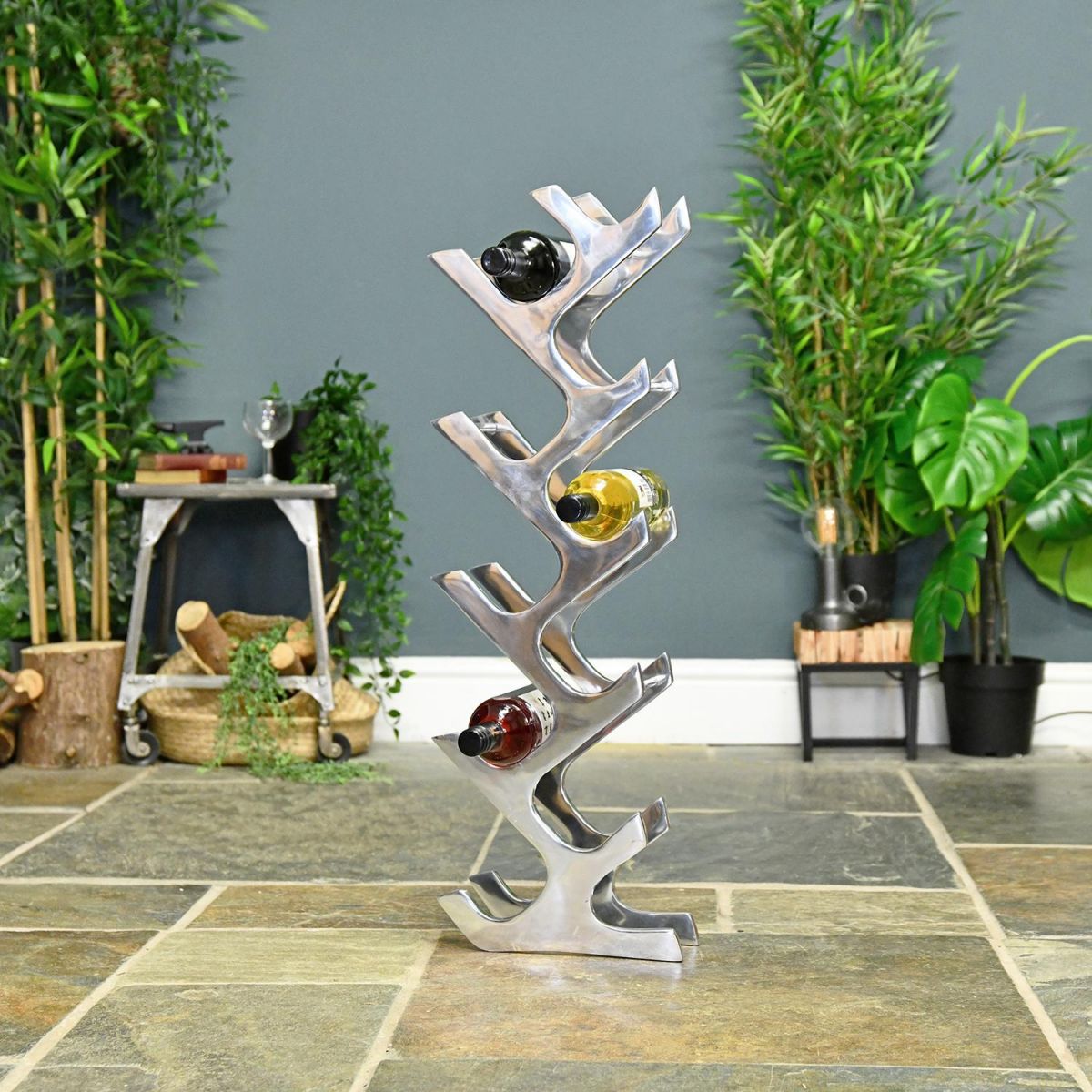 Polished Aluminum "Art Deco" 11 Bottle Wine Holder Bottles