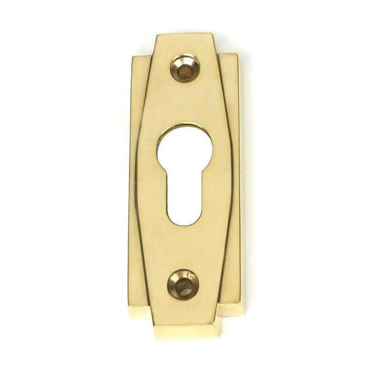 Close-Up of Polished Brass "Roman" Euro Escutcheon - 100mm x 36mm