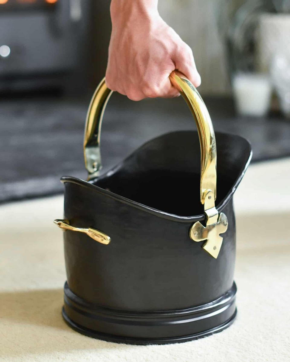 Scale Shot of Polished Brass & Black Iron Traditional Coal Bucket - 19cm