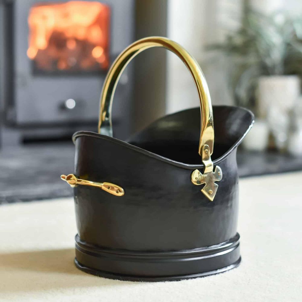 Polished Brass & Black Iron Traditional Coal Bucket - 23.5cm