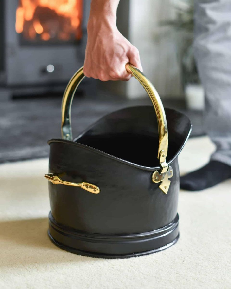 Scale Shot of Polished Brass & Black Iron Traditional Coal Bucket - 23.5cm