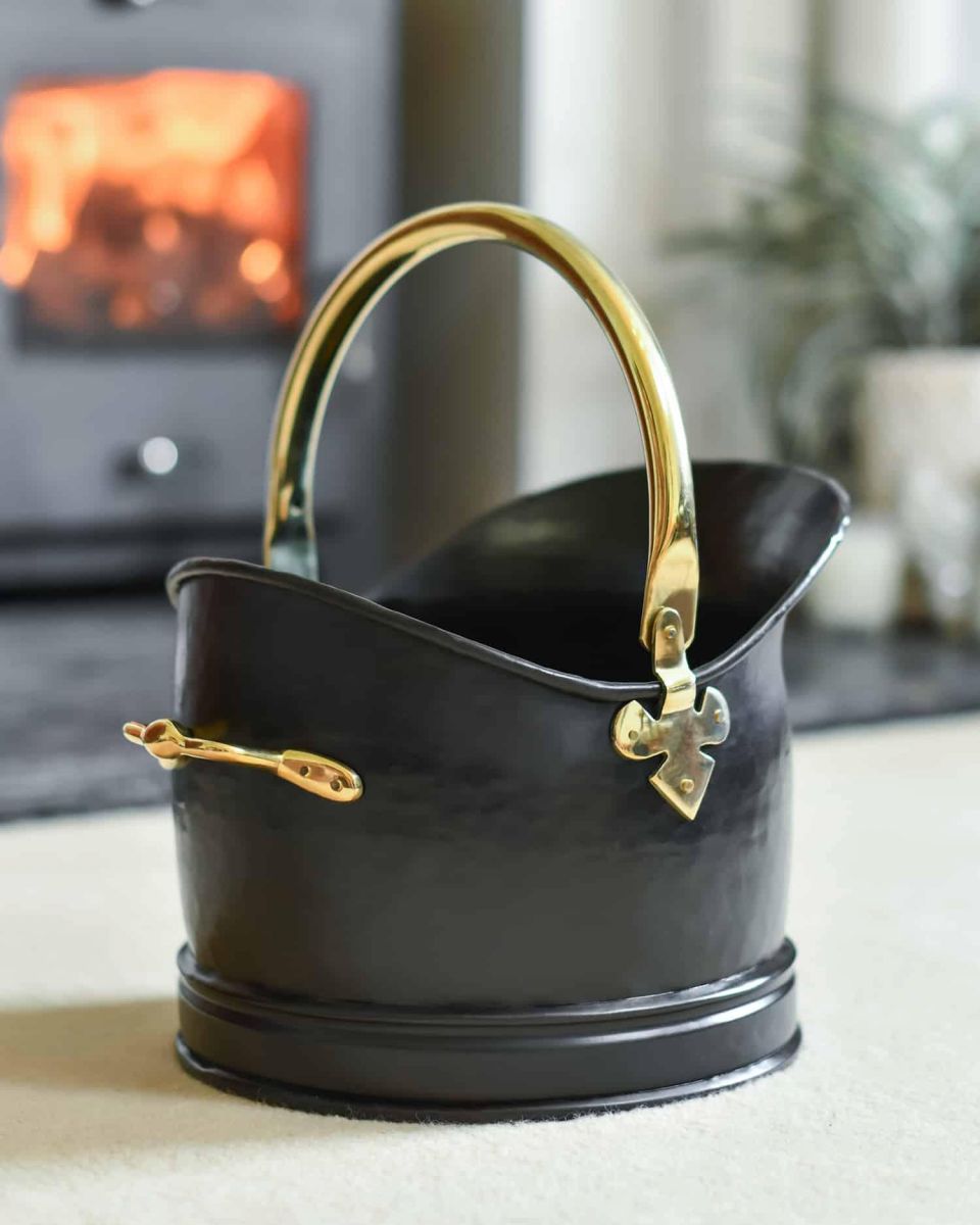 Polished Brass & Black Iron Traditional Coal Bucket - 23.5cm