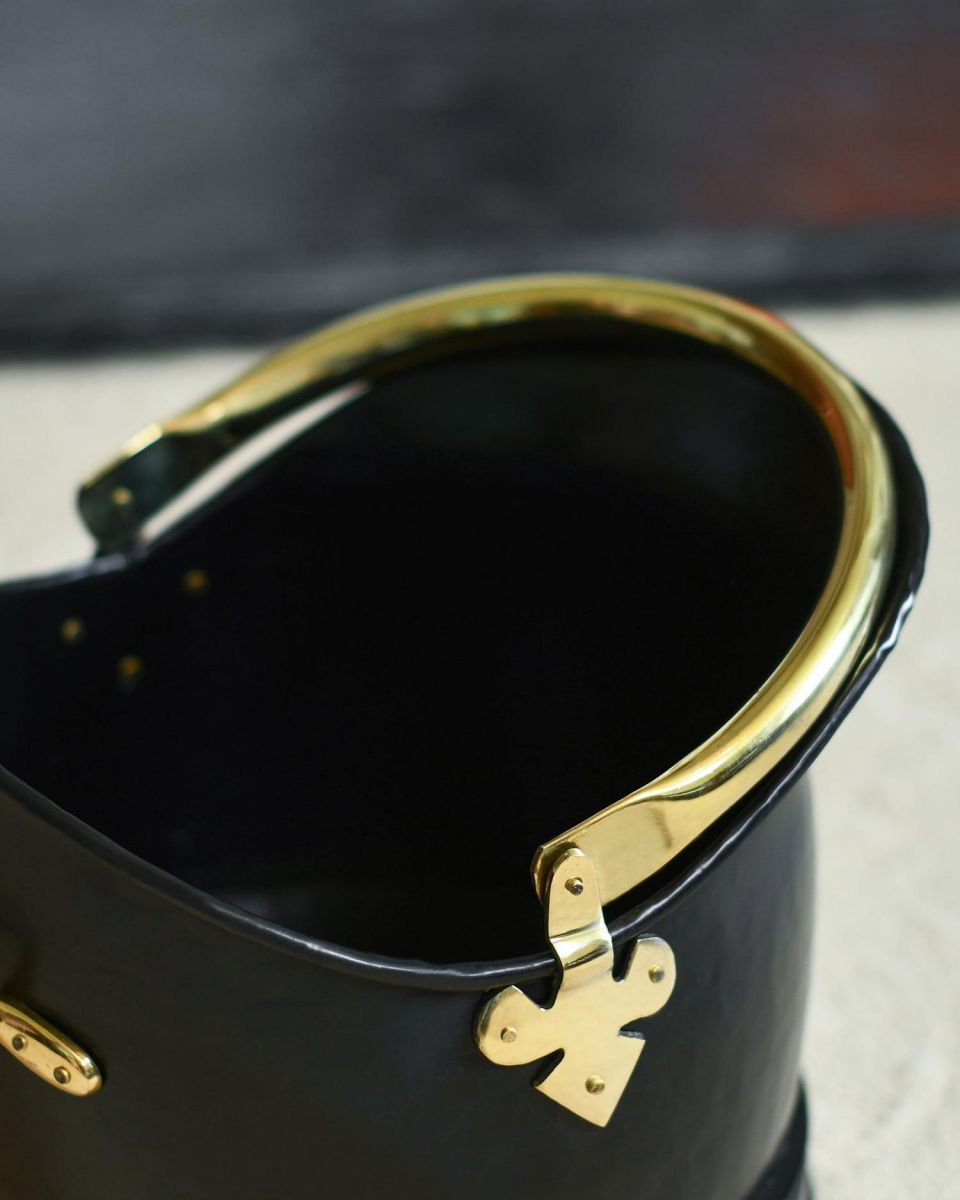 Close-Up of Polished Brass & Black Iron Traditional Coal Bucket - 23.5cm