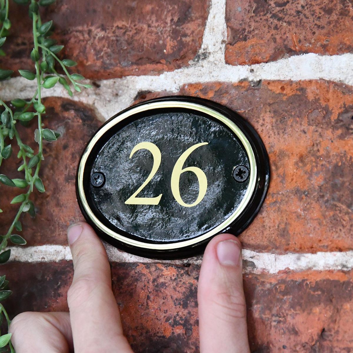 Polished Brass & Black Oval House Number Sign to Scale