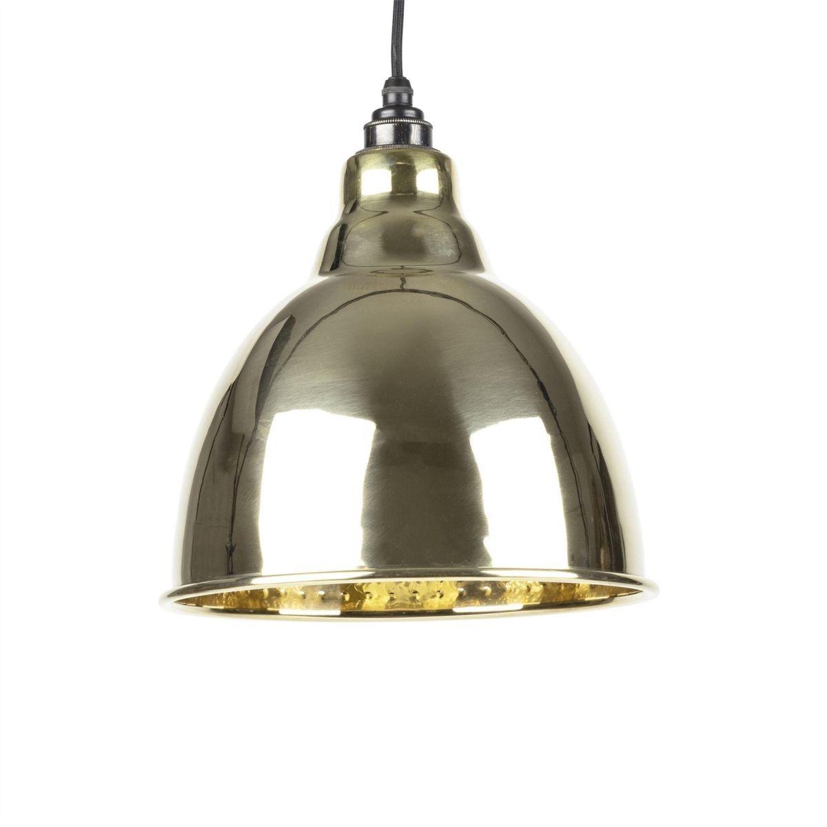 Polished Brass Bowl-Shaped Hanging Pendant Light with Hammered Brass Interior