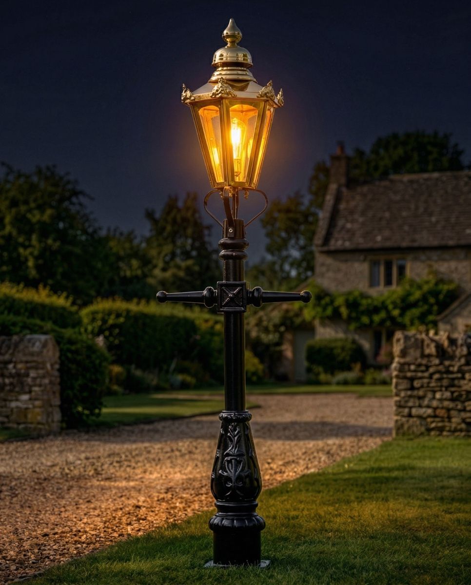 Polished Brass Concordia Hexagonal Miniature Lamp Post - 1 digital illustration at night