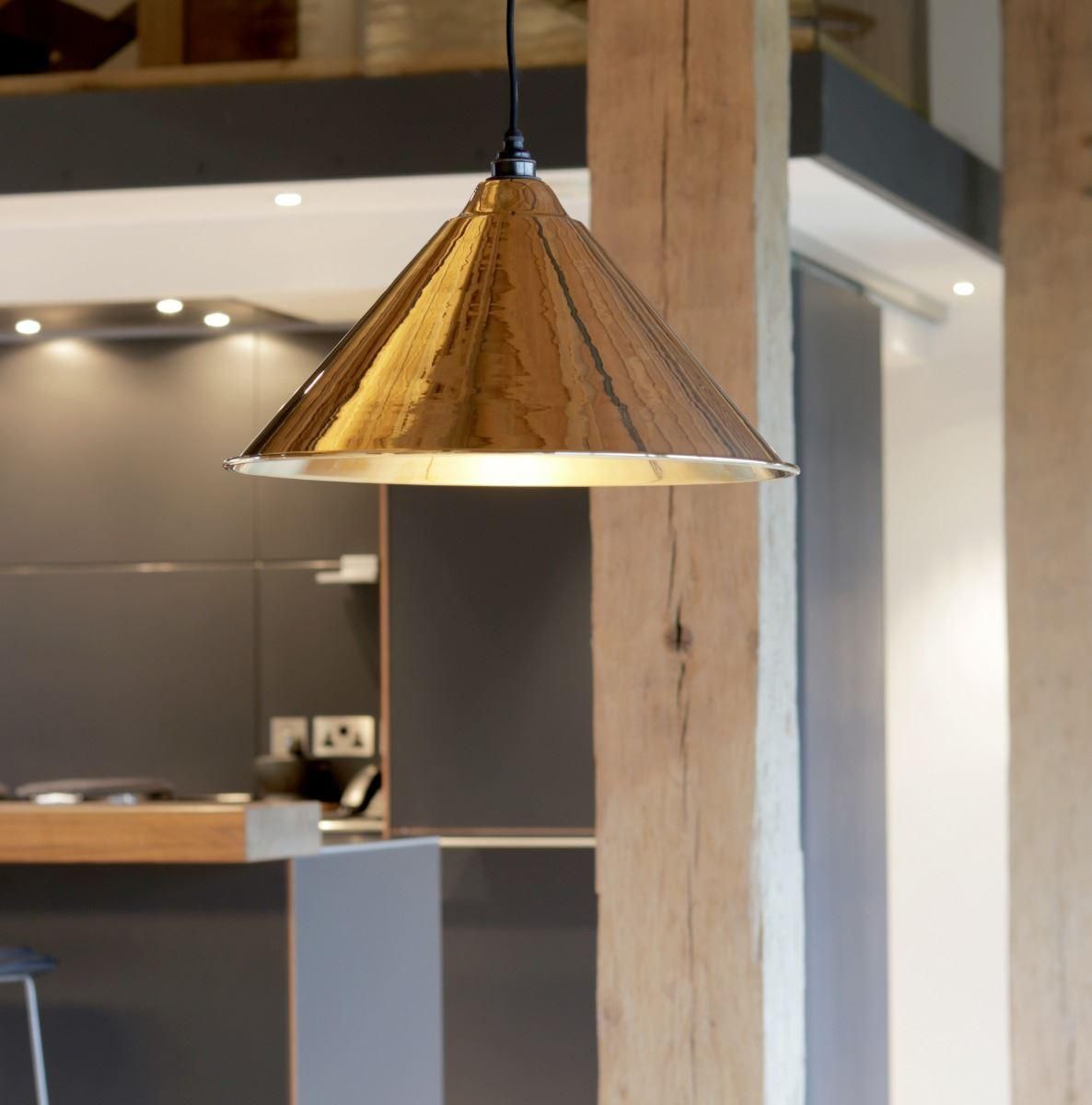 Polished Brass Conical-Shaped Hanging Pendant Light with Smooth Brass Interior Polished Brass Conical-Shaped Hanging Pendant Light with Smooth Brass Interior