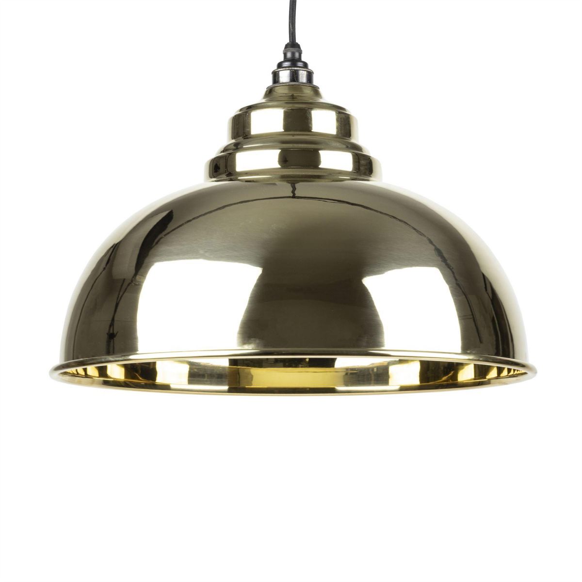 Polished Brass Curved Hanging Pendant Light with Smooth Brass Interior Close Up