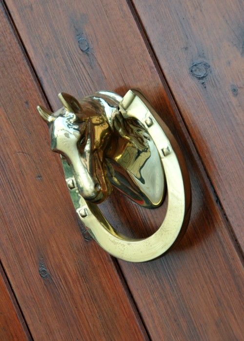 Horse door knocker on wood door