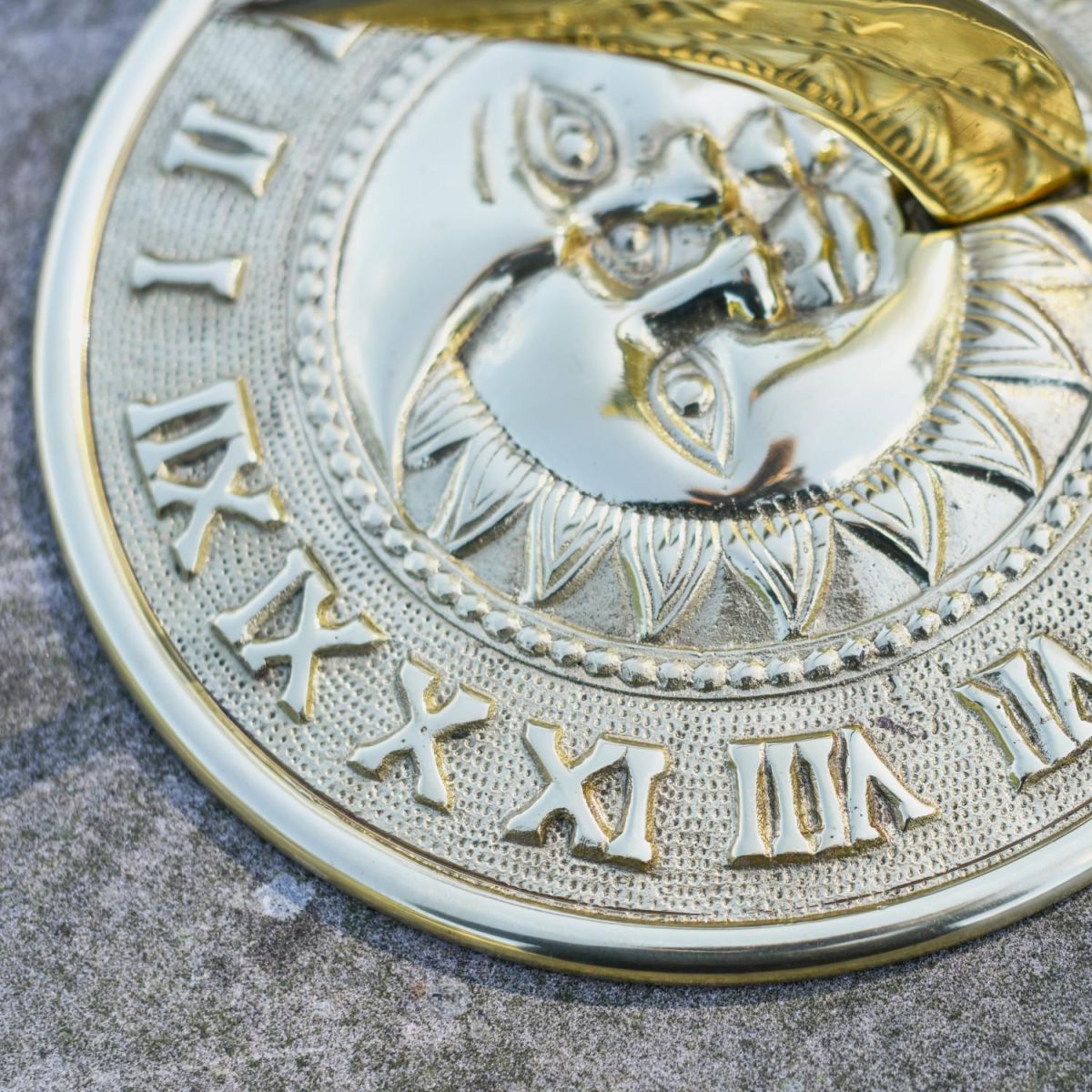Close-Up of Roman Numerals onPolished Brass "Sun & Moon" Sundial - 195mm