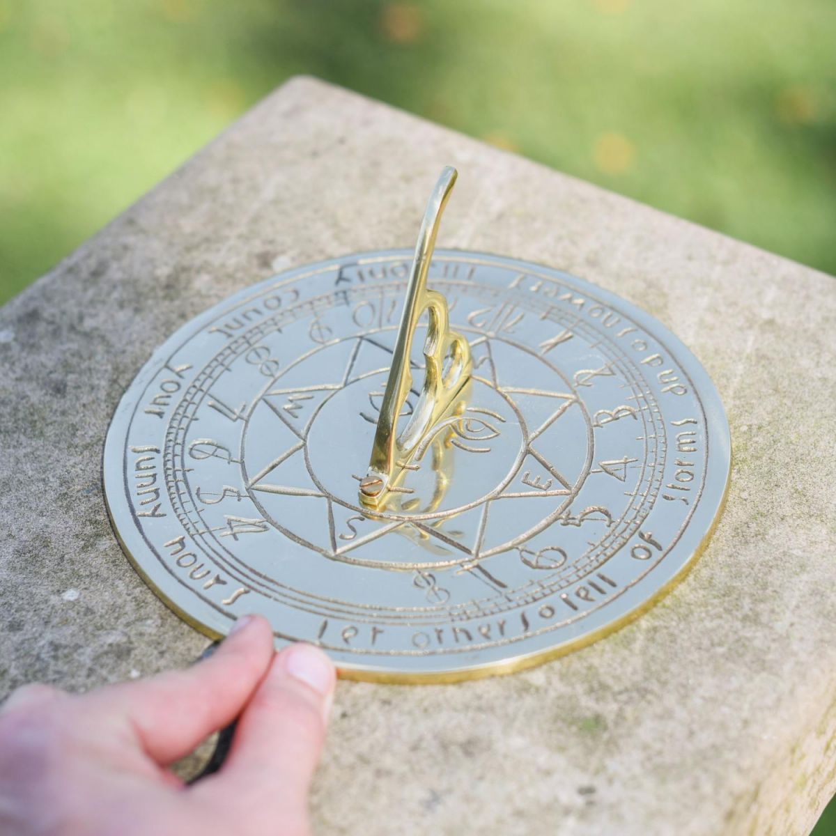 Scale Shot of Polished Brass "Sunny Hours" Sundial - 180mm
