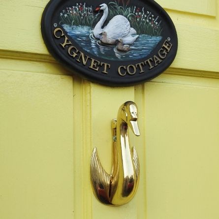 Brass Swan design door knocker mounted on Yellow door