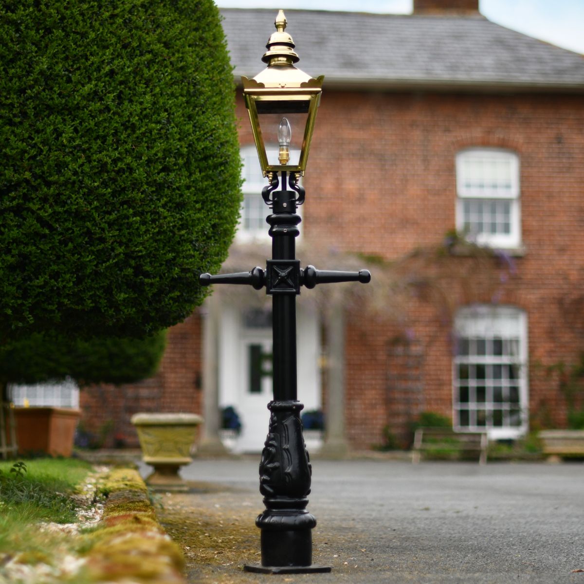 Miniature Polished Brass Victorian Lam Post in Situ on a Drive Way