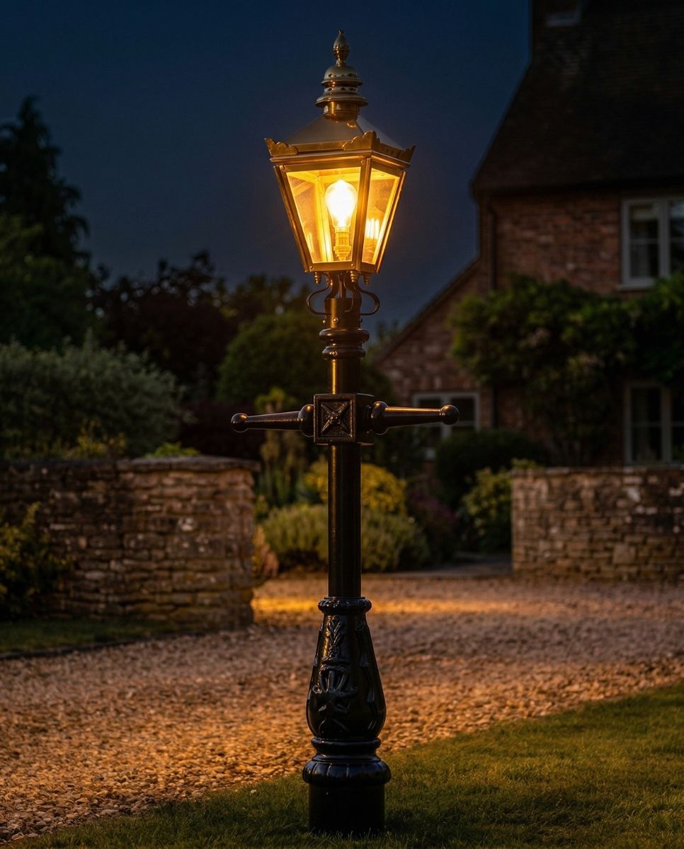 Polished Brass Victorian Lamp Post - Miniature 1.5m digital illustration small at night