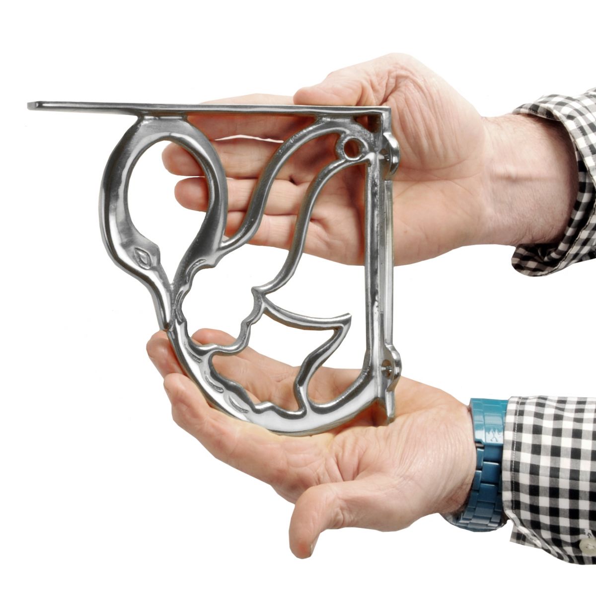 Bright Chrome Swan Shelf Bracket in hands