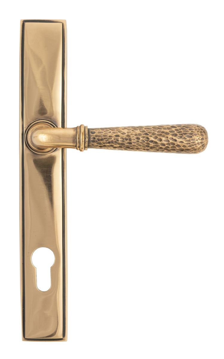 Polished Copper Hammered Slimline Lever Door Handle Front