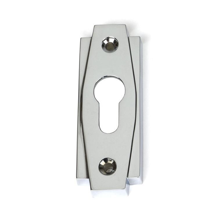 Close-Up of Polished Chrome "Roman" Euro Escutcheon - 100mm x 36mm