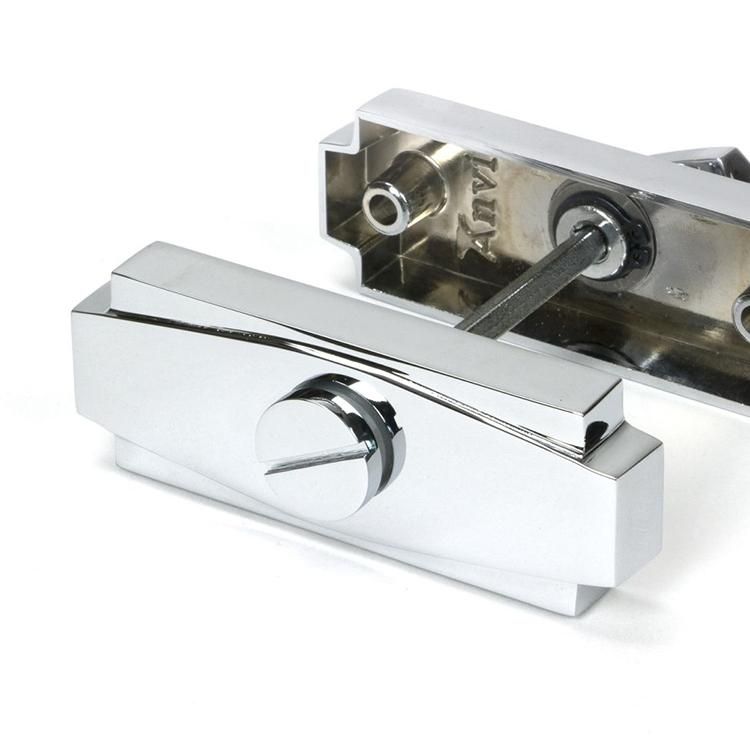 Close-Up of Connected Polished Chrome Art Deco Bathroom Thumb Lock