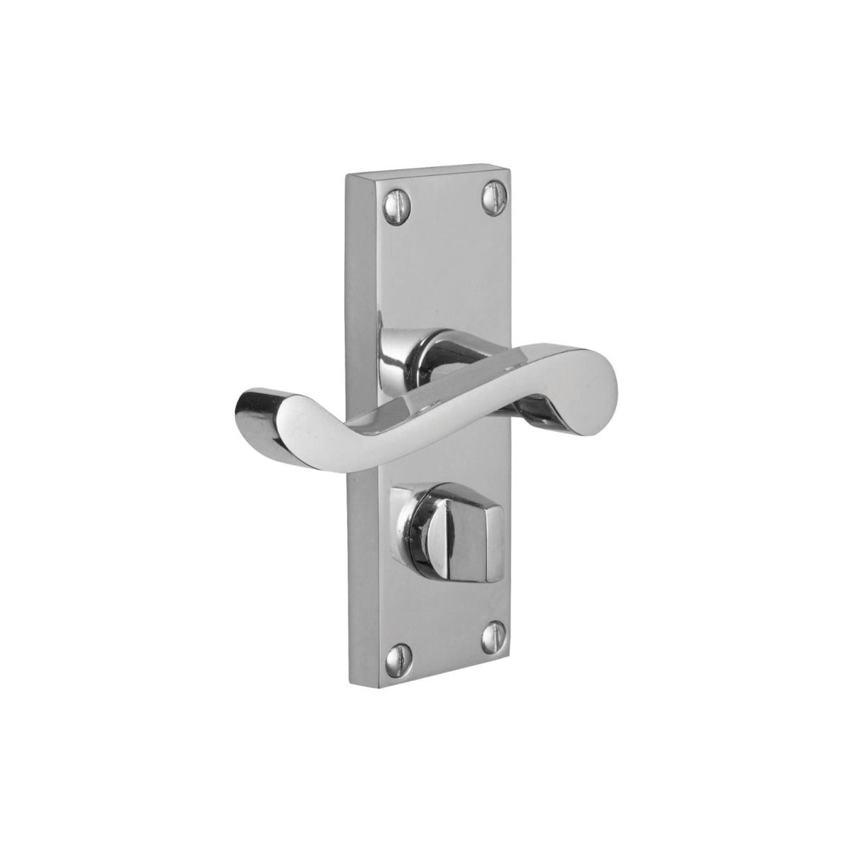 The Polished Chrome Victorian Scroll Bathroom Door Handles - Lever Lock Pair with Thumb Turn on a White Background