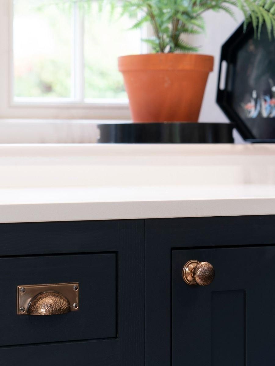 Polished Copper Hammered Mushroom Cabinet Knob - 38mm on Door Polished Copper Hammered Mushroom Cabinet Knob - 38mm on Door