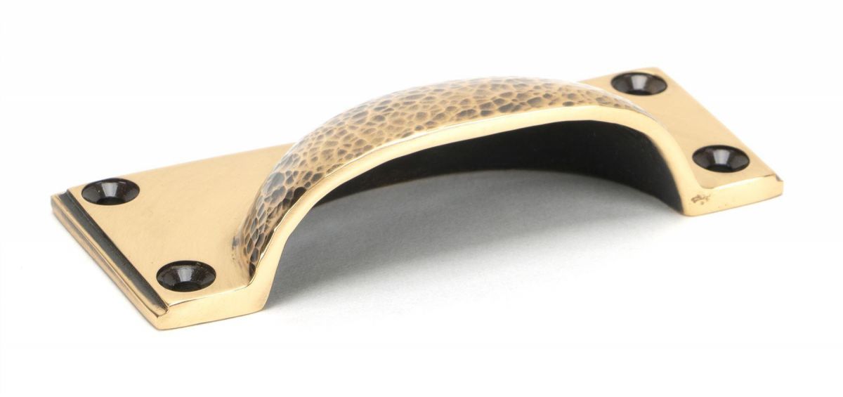 Polished Copper Rectangular Drawer Pull with Curved Hammered Handle Interior