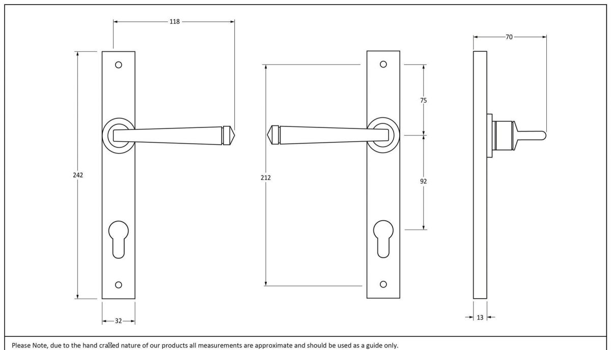 Polished Copper Slimline Espag Door Handle Dimensions