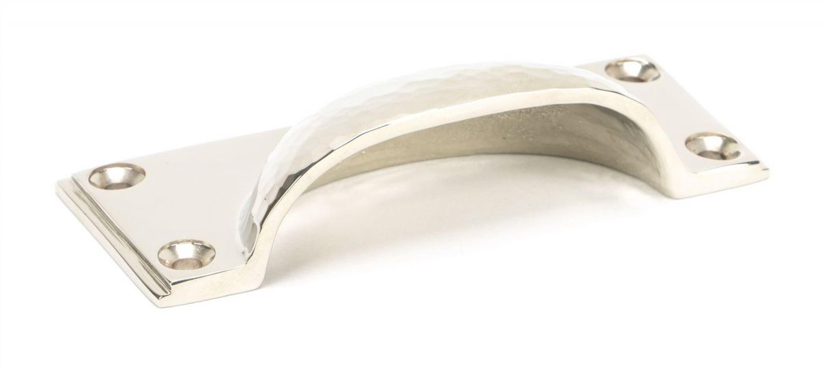 Polished Nickel Rectangular Drawer Pull with Curved Hammered Handle Close Up
