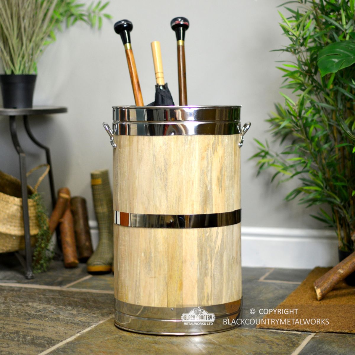 Wooden Umbrella & Walking Stick Stand with Polished Brass Fixings