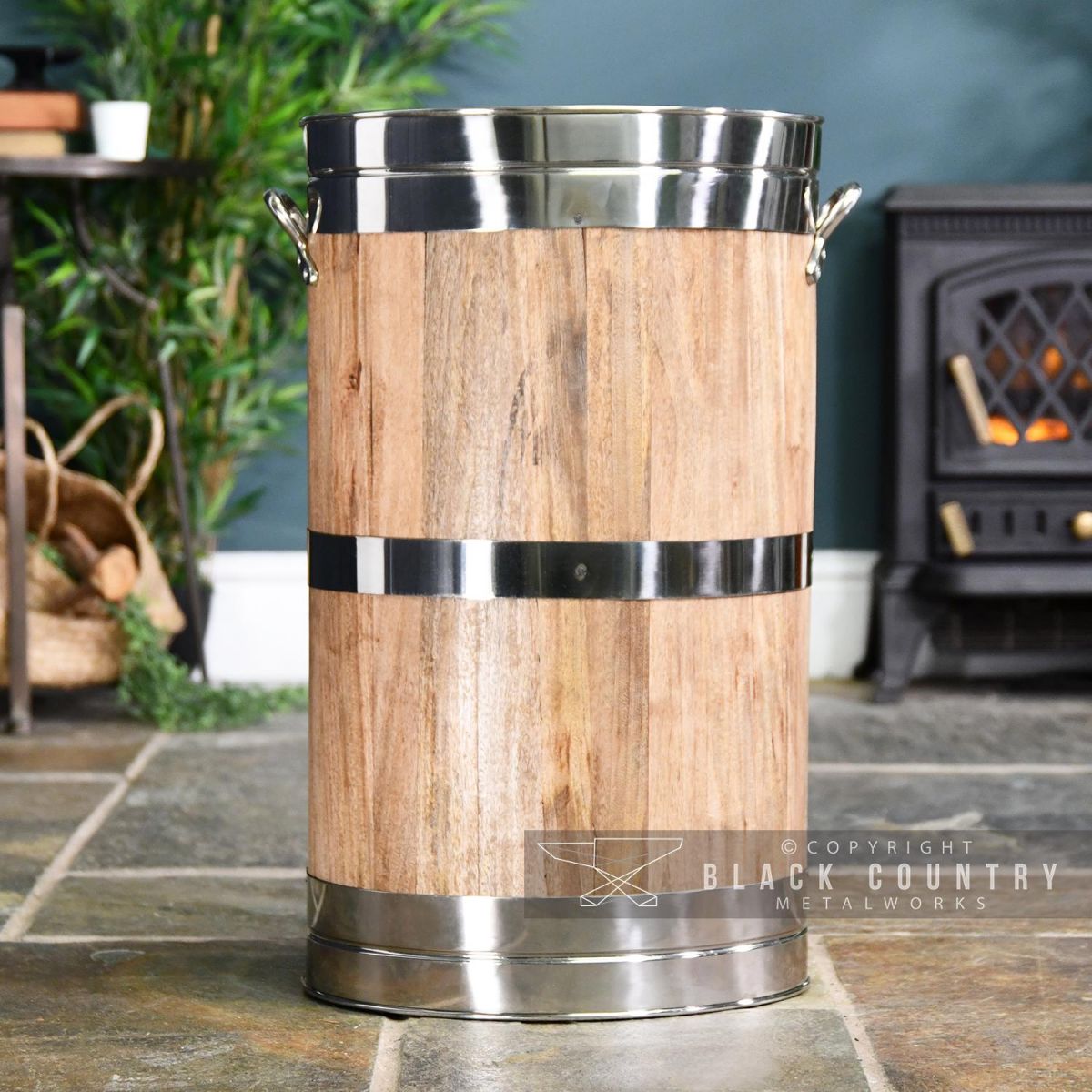 Polished Steel & Wooden Log Basket