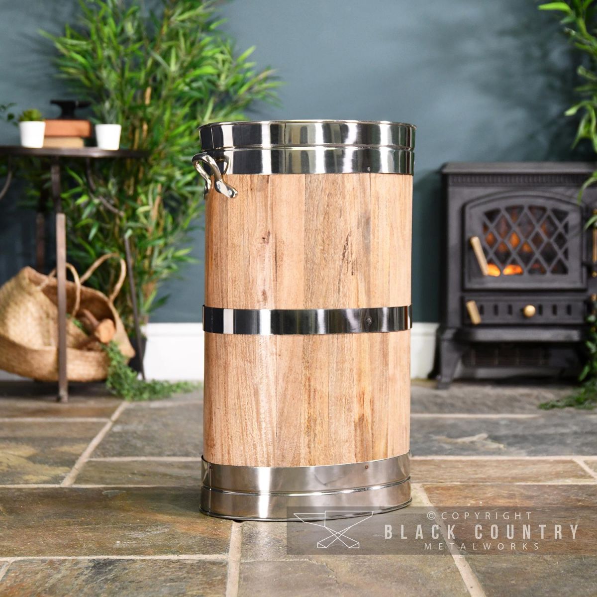 Polished Steel "Hofburg" Wooden Log Basket in Situ Next to the Fireplace