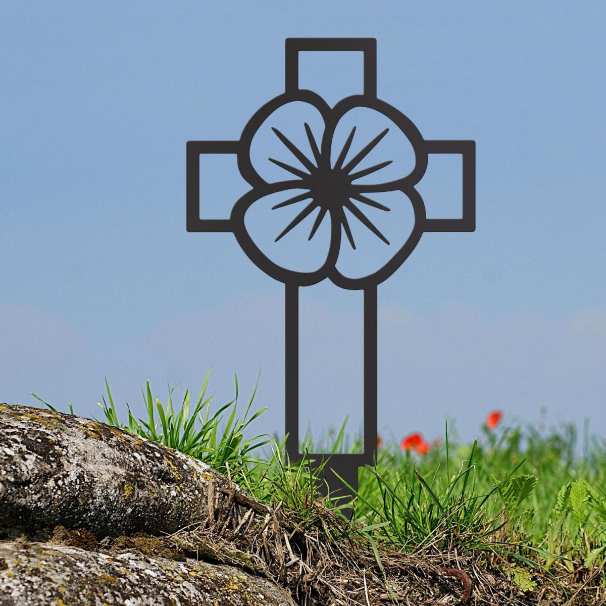 Poppy Cross "Remembrance" Ground Spike in Black Finish in Situ Poppy Cross "Remembrance" Ground Spike in Black Finish in Situ