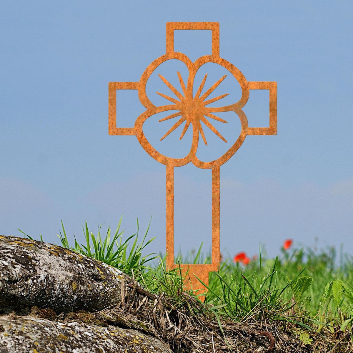 Poppy Cross "Remembrance" Ground Spike in Rustic Finish in Situ
