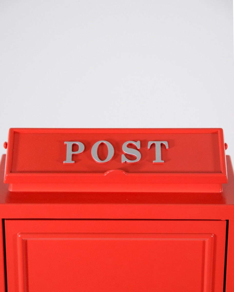 The Red "Oxford" Wall Mounted Post Box with Gold Detailing Showing a Front View of the Envelope Hole Cover