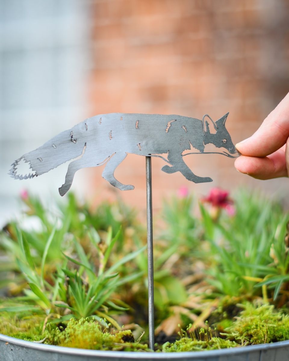 Prowling Fox Artistic Plant Pot Spike - Set of Two with hand in shot for scale