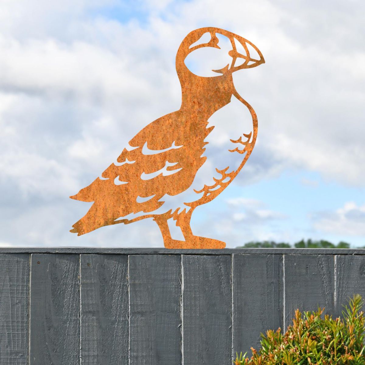 Rustic Sheet Steel Fence Topper with Puffin Design