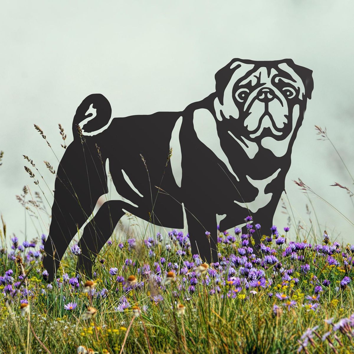 Pug Silhouette on Display in the Flowers