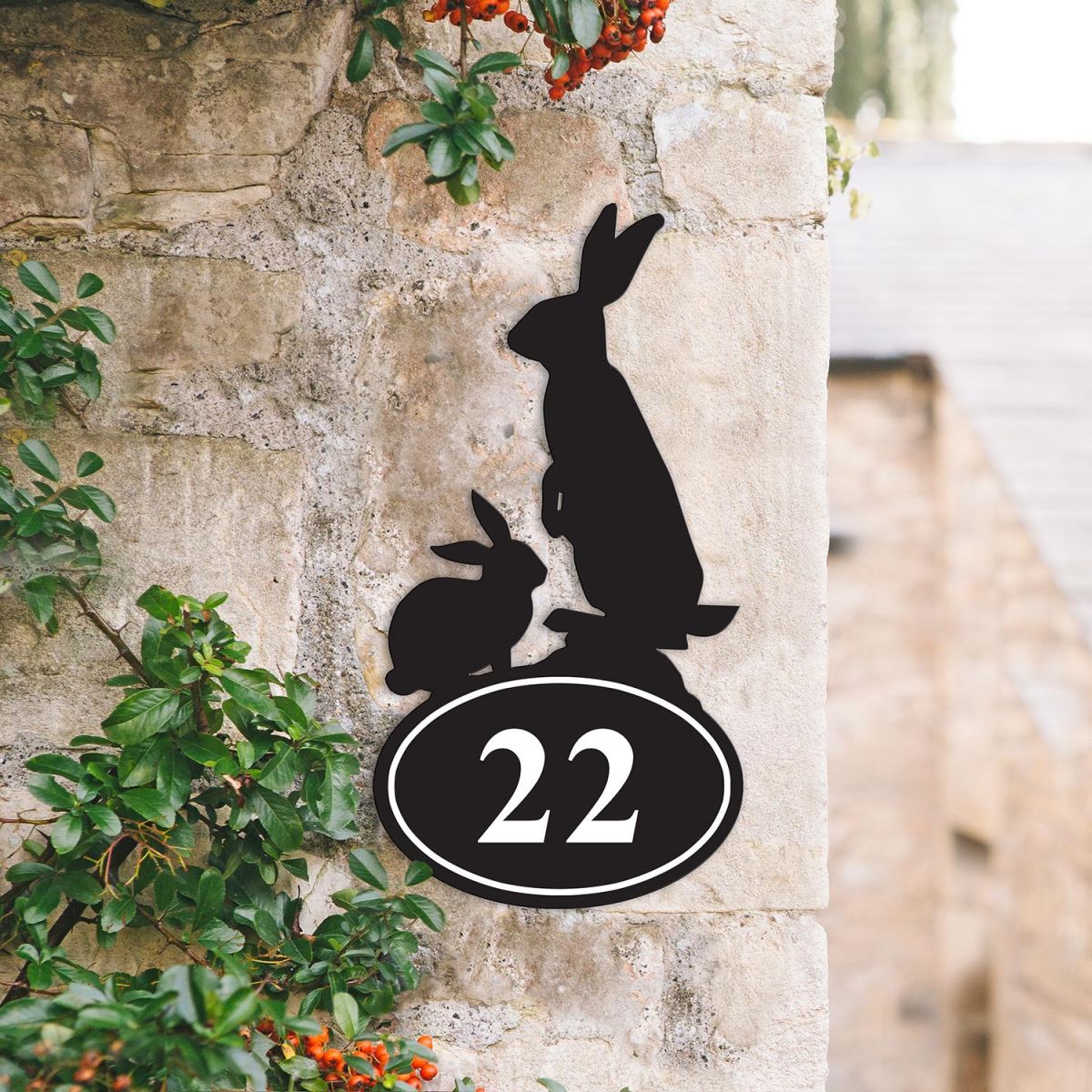 Bespoke Rabbit Iron House Number Sign on a Garden Wall