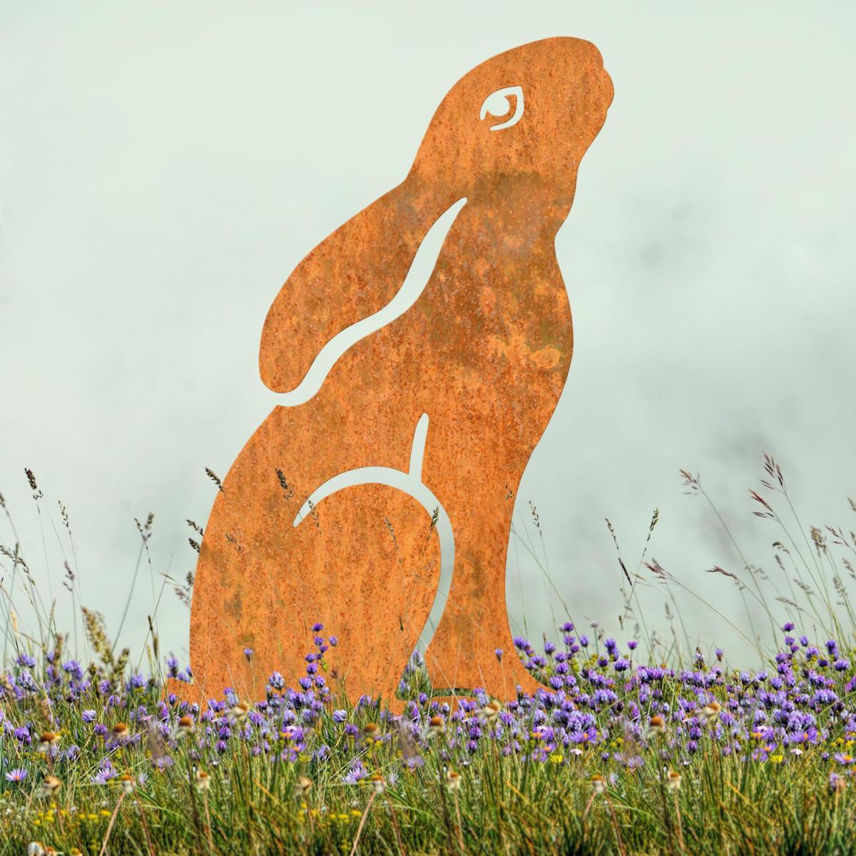 Rustic Sheet Steel Silhouette with Realistic Moon Gazing Hare Design in Situ