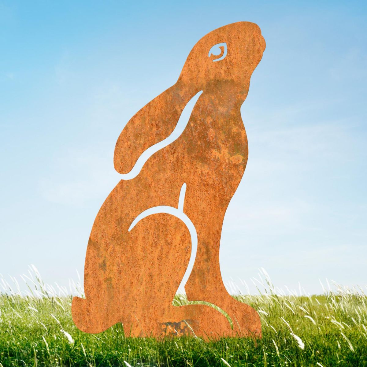 Realistic Moon Gazing Hare Sheet Steel Silhouette in Rustic Finish in Situ