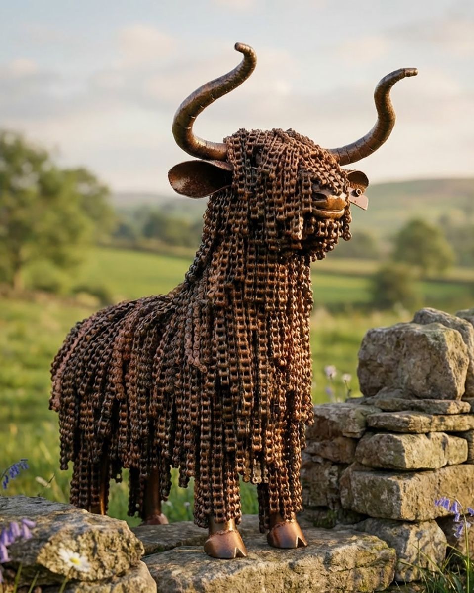 Recycled Bike Chain Highland Cow Sculpture digital illustration