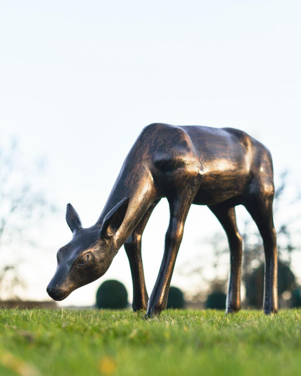 Situ Shot of Recycled Cast Aluminium Antique Bronze Glimmer Grazing Doe Sculpture