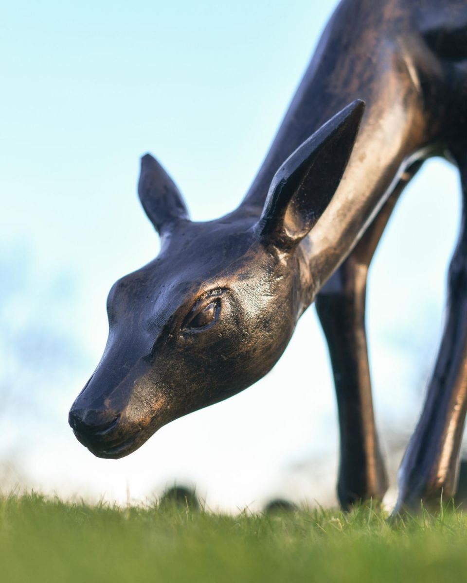 Close-Up of Recycled Cast Aluminium Antique Bronze Glimmer Grazing Doe Sculpture