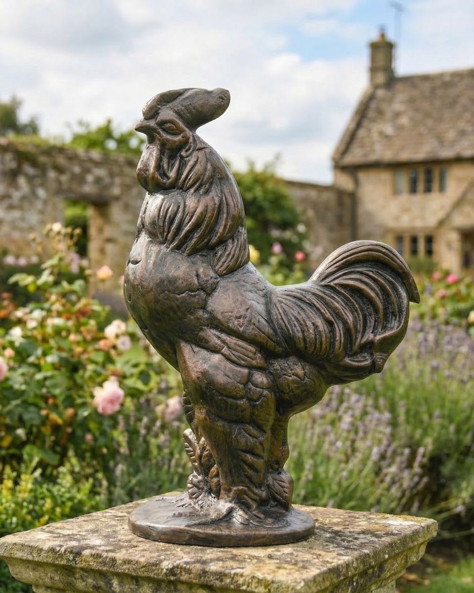 Recycled Cast Aluminium Bronze "Crowing" Rooster Sculpture ai illustration