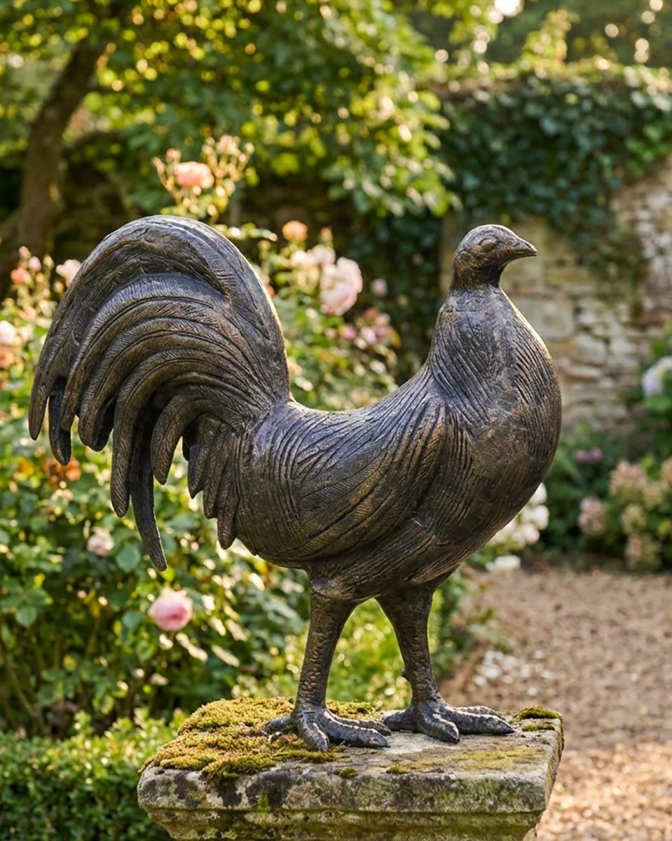 Recycled Cast Aluminium Bronze "Valorous" Rooster Sculpture ai illustration